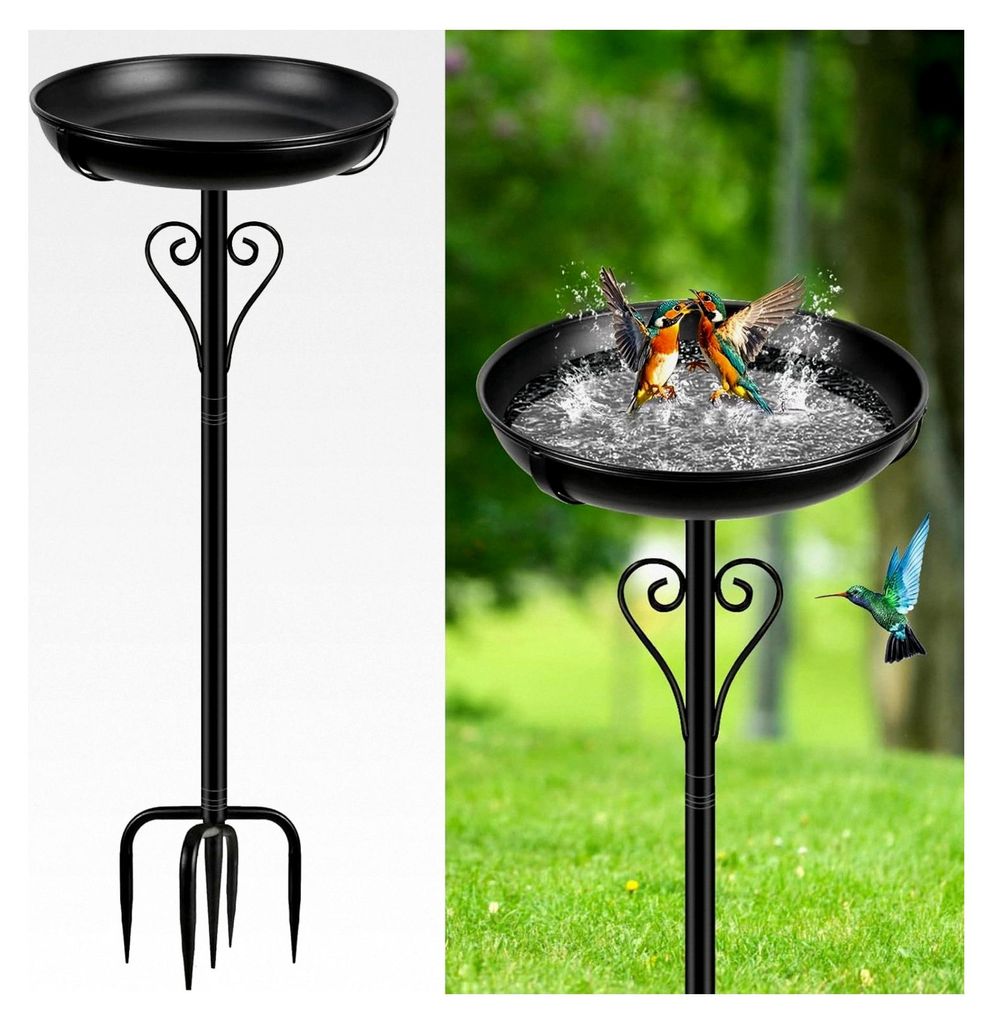 Stehende Vogeltränke, Futter- und Wasserbecken für den Garten, Metall Vogelbad für Wildvögel, winterfest (Schwarz)
