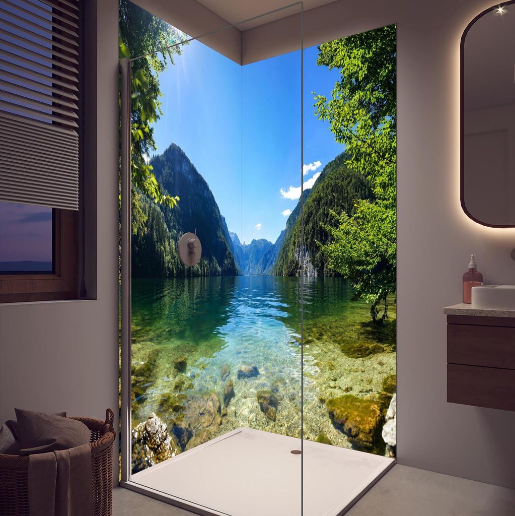 Duschrückwand - Wandverkleidung für Dusche aus ALU Glanz 0,3 cm - 90 x 210 cm - Königsee & Berge in Alpen
