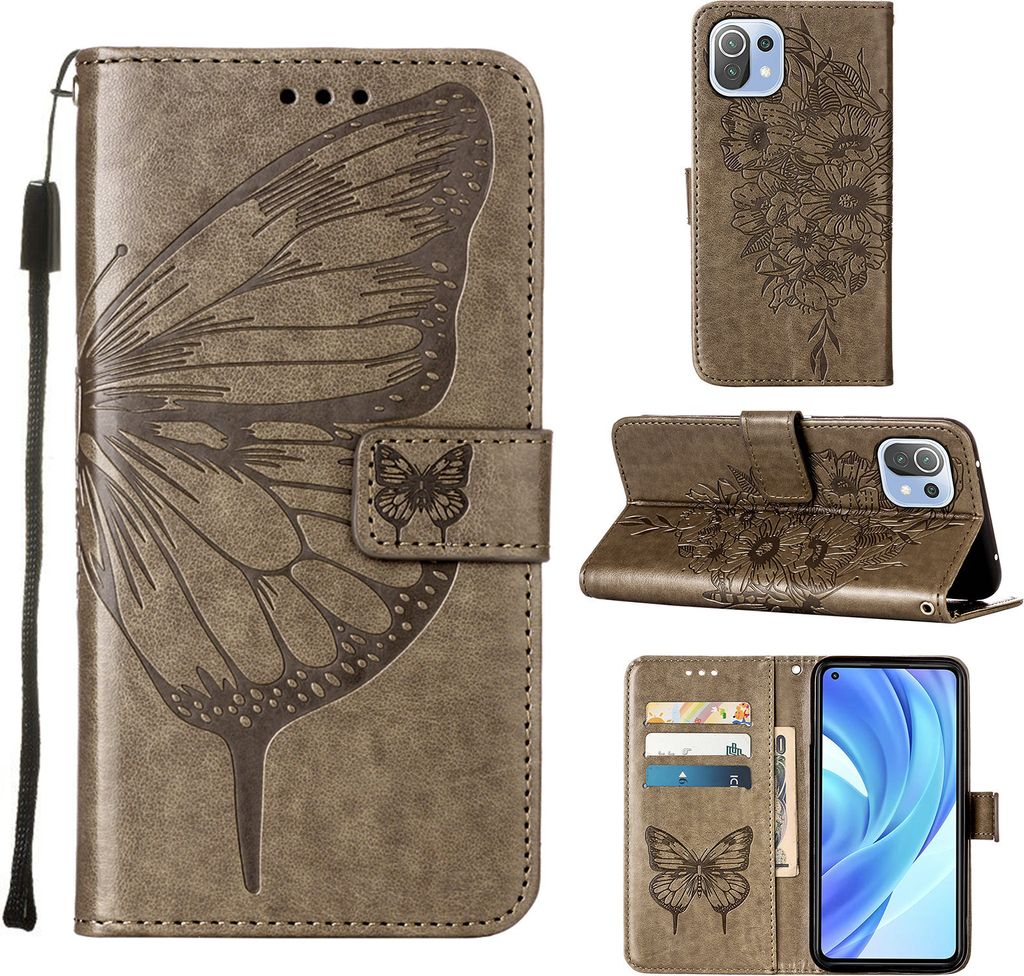 Xiaomi Mi 11 Lite Hülle, Schmetterling Prägung Flip Leder Kartenfächer Schutzhülle Ledertasche mit Ständer für Xiaomi Mi 11 Lite Grau