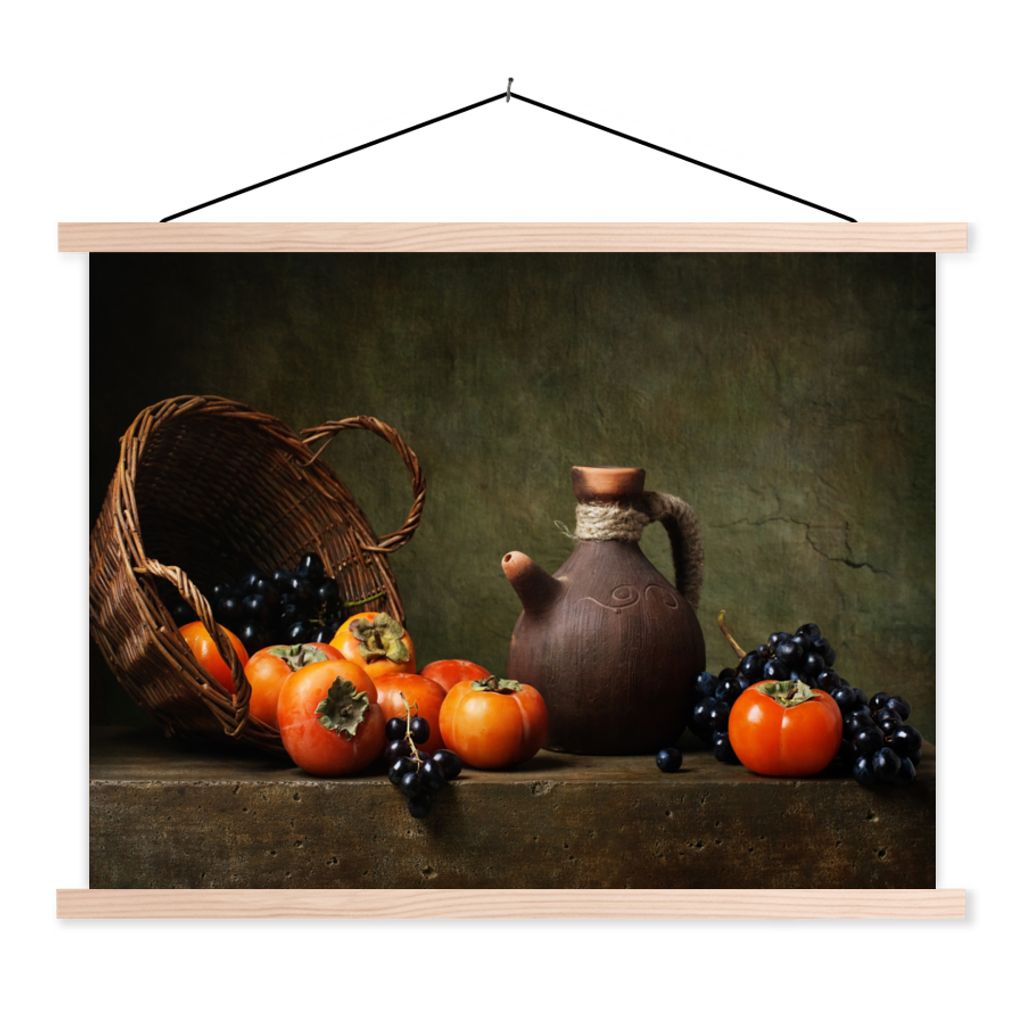 MuchoWow Textilposter Rustikal - Obst - Korb - Stilleben 60x45 cm mit holzfarbenen Rahmen - Bild