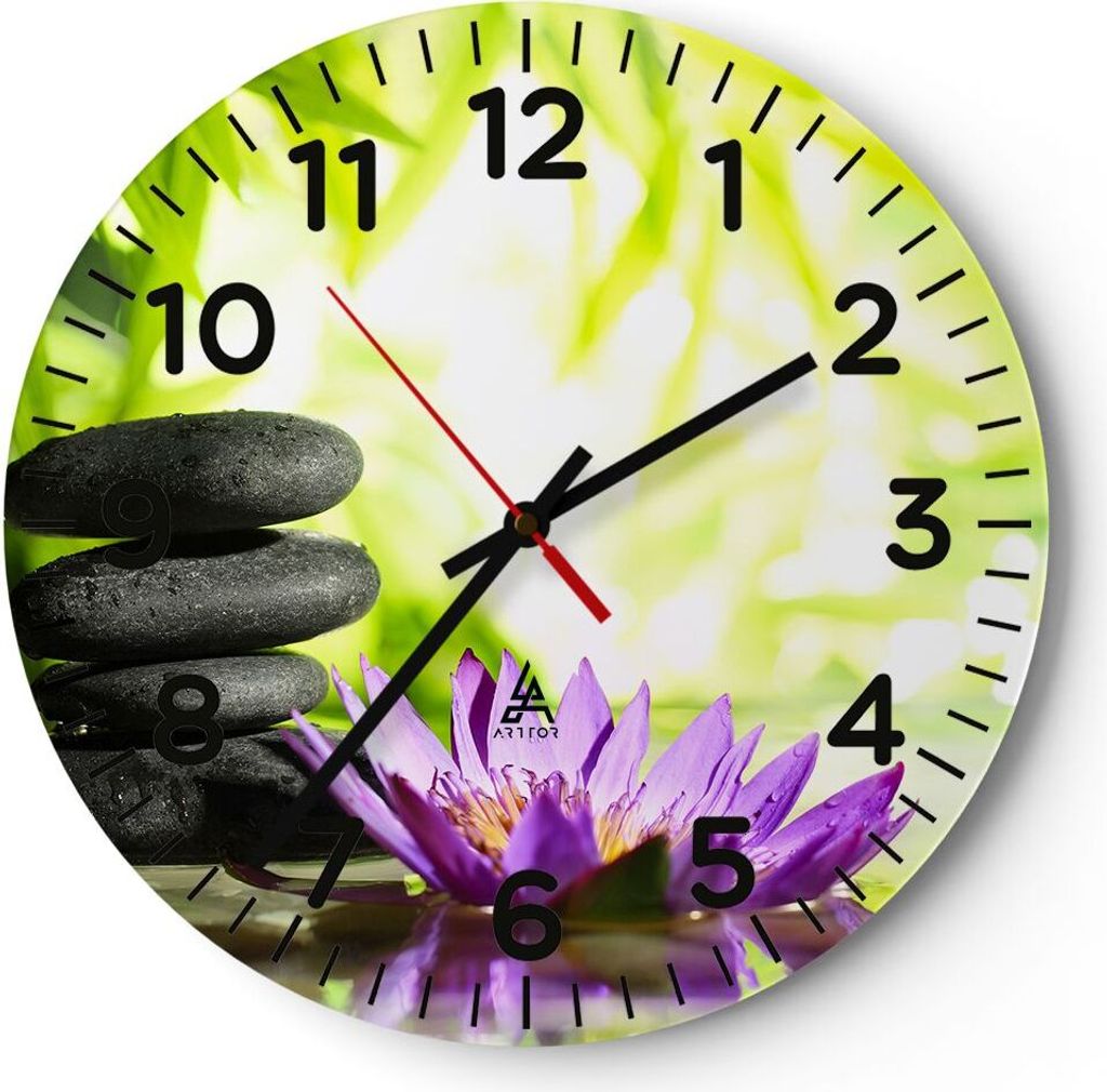 Wanduhr - Rund - Glasuhr - Spa bambus blume wasser - 30x30cm - Schleichendes Uhrwerk - Lautlos - zum Aufhängen bereit - Dekoration Modern - Wandde...