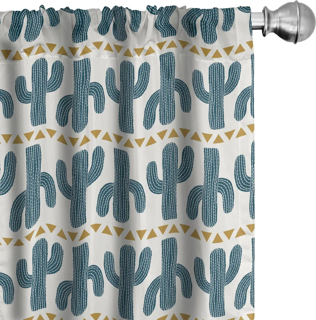 ABAKUHAUS Tende succulente, tende, cactus bohémien triangoli etnici funky arte su sfondo avorio, 2 pezzi 75 x 225 cm, caffè chiaro blu petrolio