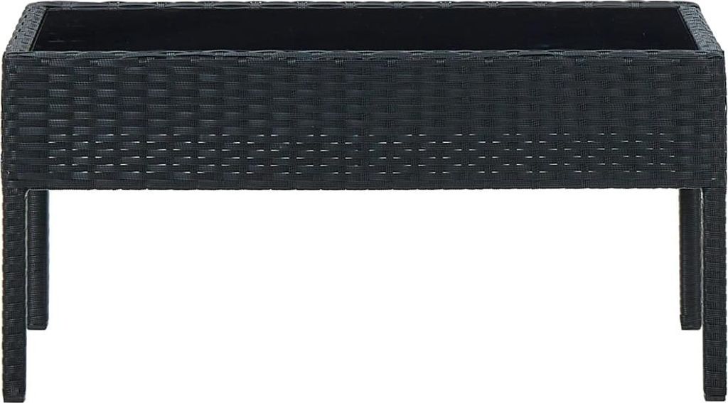 A black rattan planter box on legs, shown from the front against a white background.