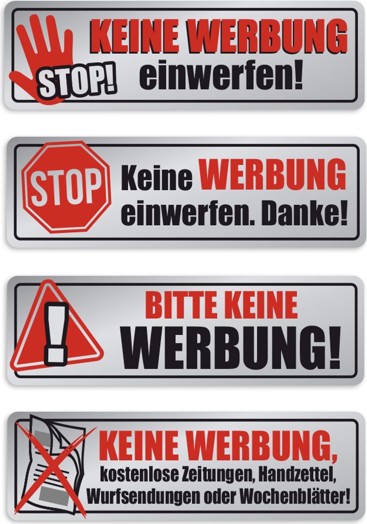 Keine Werbung - Aufkleber - Verschiedene Varianten 4X Chrome-Optik - für Briefkasten - Zeitungsrolle - Letterbox 68x22 mm