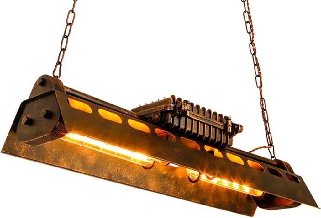 A hanging industrial-style lamp with exposed bulbs.