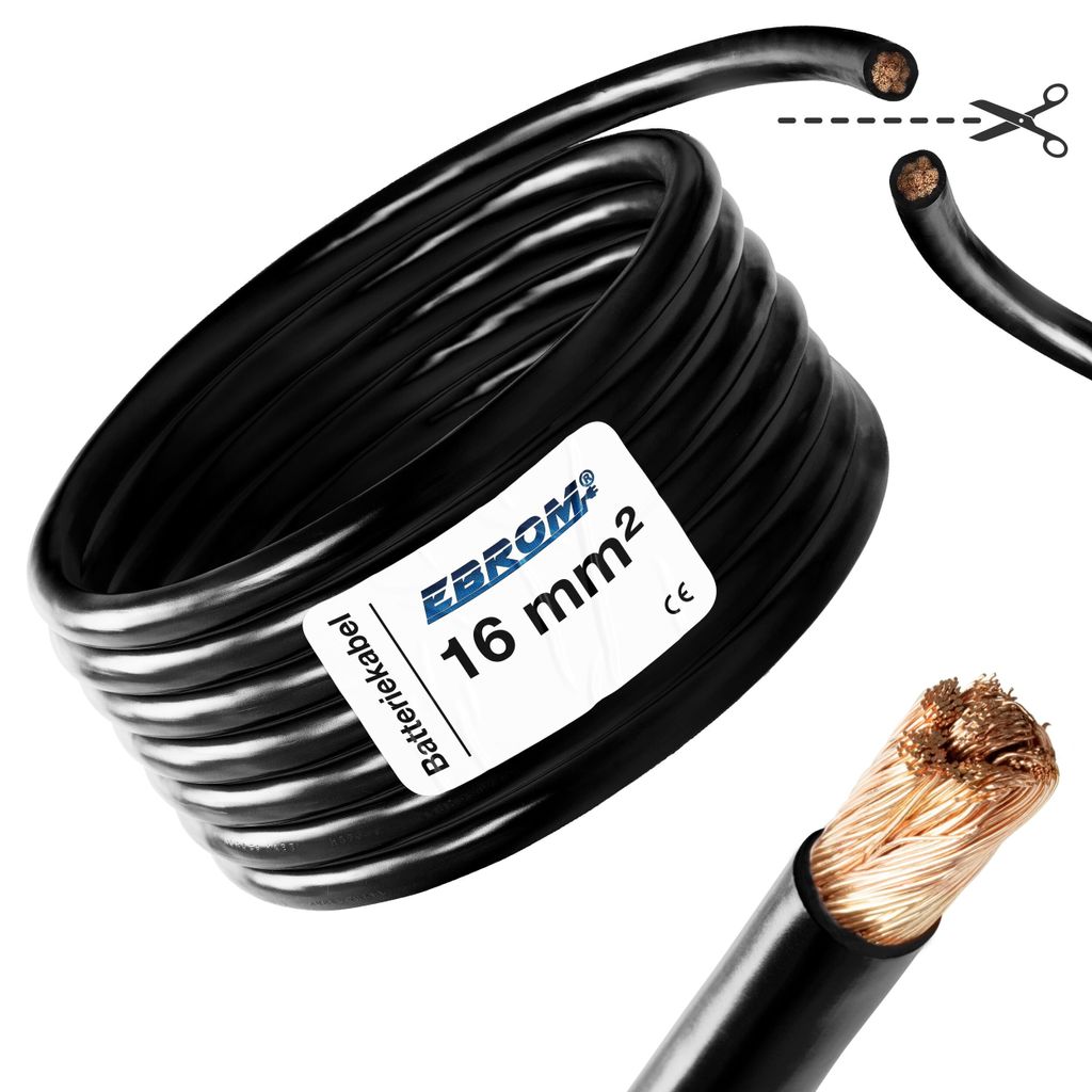 Batteriekabel Aderleitung SCHWARZ H07V-K 16mm² - KFZ Batterie Kabel 100% OFC Kupfer - Schnitt Meterware nach Ihren Wünschen - 16mm2