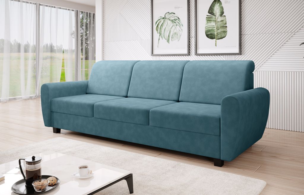 MODERNO 3-Sitzer Sofa mit Schlaffunktion Schlafsofa mit Bettkasten "Milo" , Türkis