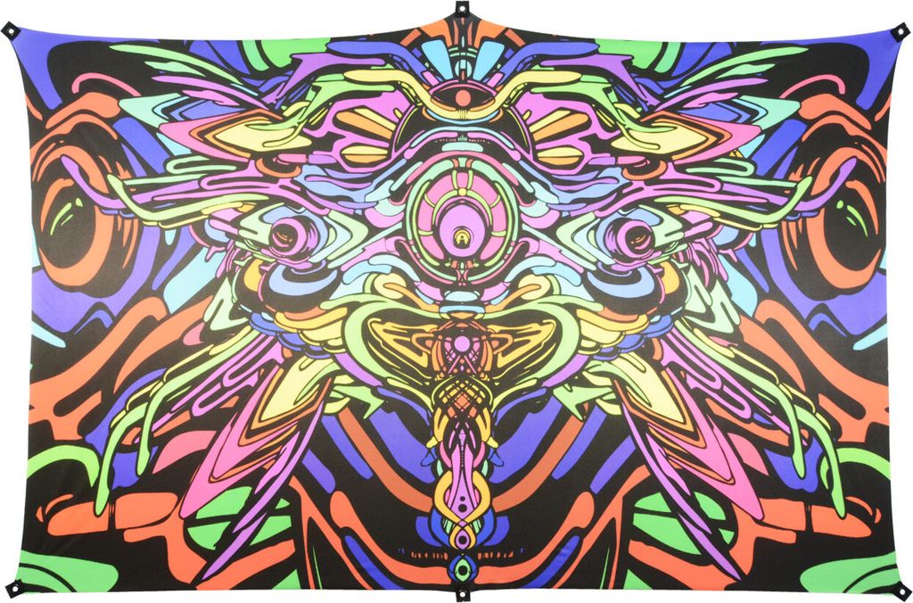 PSYWORK Schwarzlicht Segel Elasthan Backdrop "Dragon Temple II", 2,25x3,50m Partydekoration Tuch Wandbehang