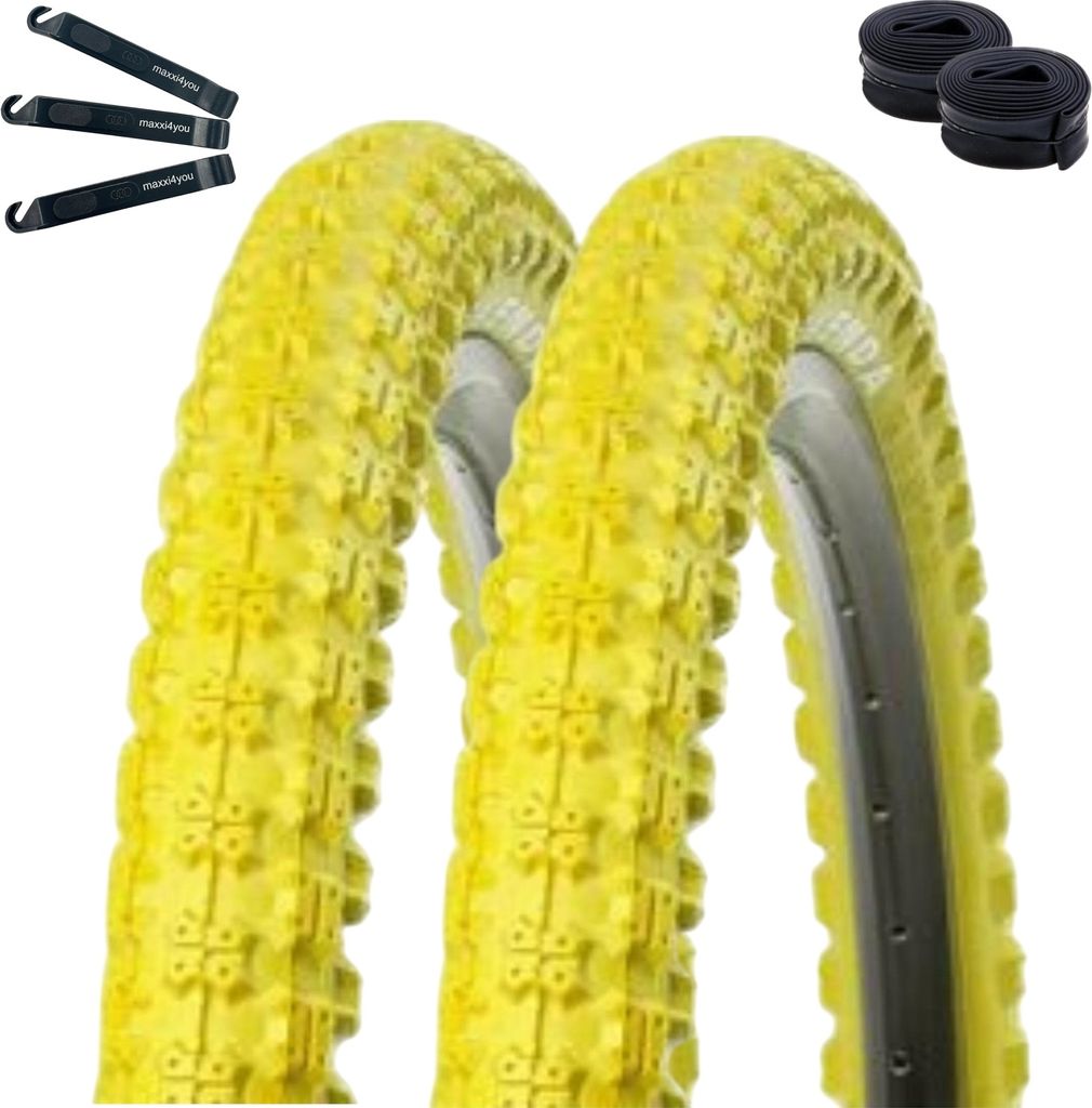 Angebot-Set / 2 x Kenda K-51 Fahrradreifen BMX in Gelb 58-406 (20 x 2.25) + 2 passende Schläuche DV inkl. maxxi4you Reifenheber