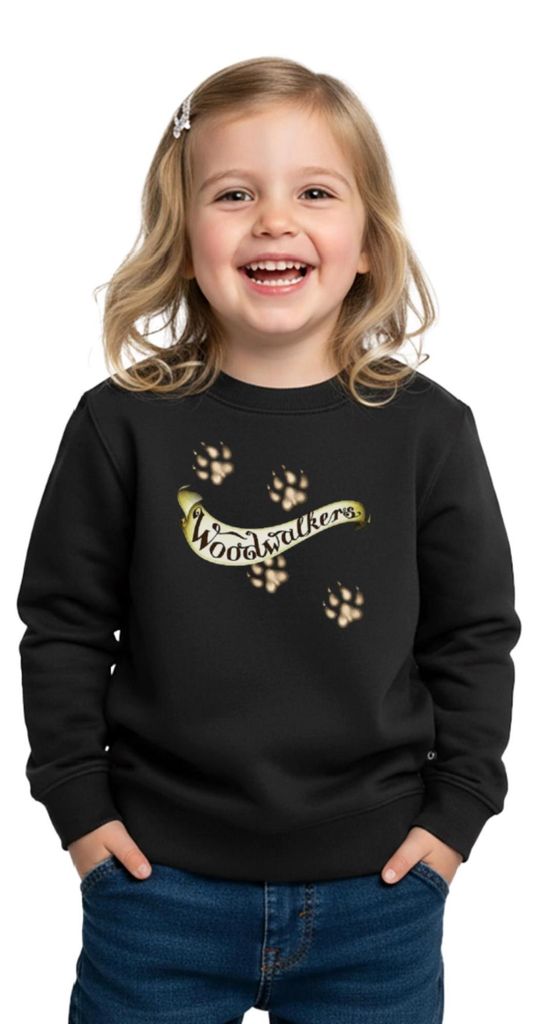 Spreadshirt Woodwalkers Geschwungener Schriftzug Mit Pfoten Kinder Premium Pullover, 122/128 (6 Jahre), Schwarz