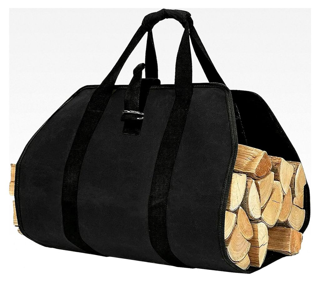 Kaminholztasche, Kaminholzträger, Tragetasche für Brennholz, Holzkorb, große Tragetasche aus Segeltuch, langlebig und wasserdicht (Schwarz)