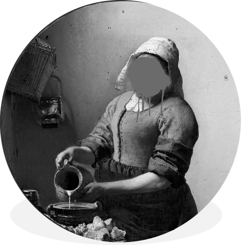 MuchoWow Aluminium Wandkreis Das Milchmädchen - Johannes Vermeer - Schwarz und weiß Ø 90 cm Wanddeko Modern Wohnzimmer - Mauerkreis - Wandbild...