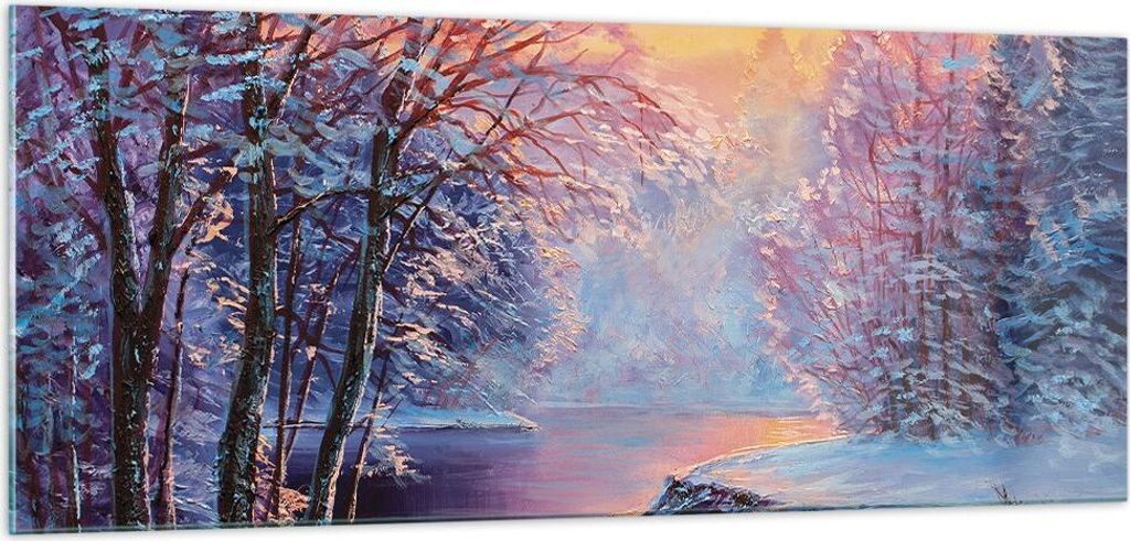 Bilder auf glas - Einteilig - Öl Winter Fluss - 100x40cm - Glasbilder - Wandbilder - Bilder - zum Aufhängen bereit - Wanddekoration aus Glas - Gl...