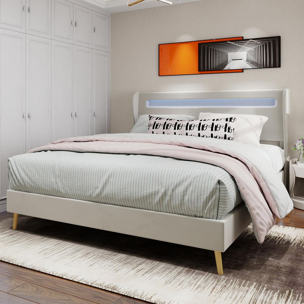 Sweiko Modern Minimalist Upholstered Bed with Soft LED-backlit Headboard, 140x200 cm, Beige, Multifunctional Bedroom Furniture, Low-profile Non-sto...