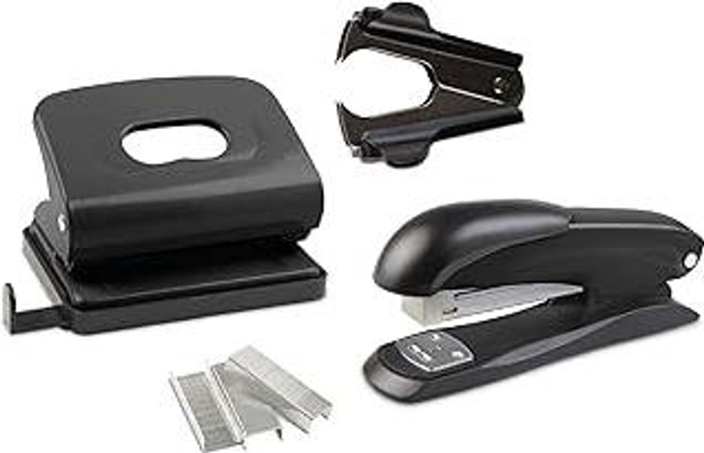 Idena 12086 - Office Set 4-teilig, Locher, Heftgerät, Heftklammer-Entferner und Heftklammern 24/6