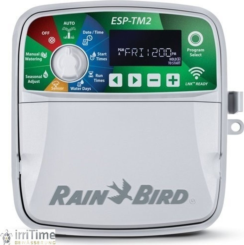 A white Rain Bird ESP-TM2 irrigation controller with a digital display and control buttons.