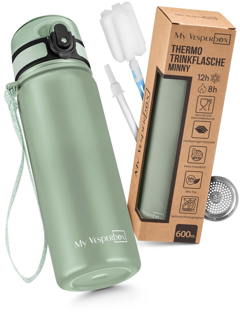 My Vesperbox - Edelstahl Thermos Trinkflasche auslaufsicher - mit Strohhalm oder Sieb - 400 ml, 600ml - BPA FREI - für Kindergarten, Schule ( Grü...