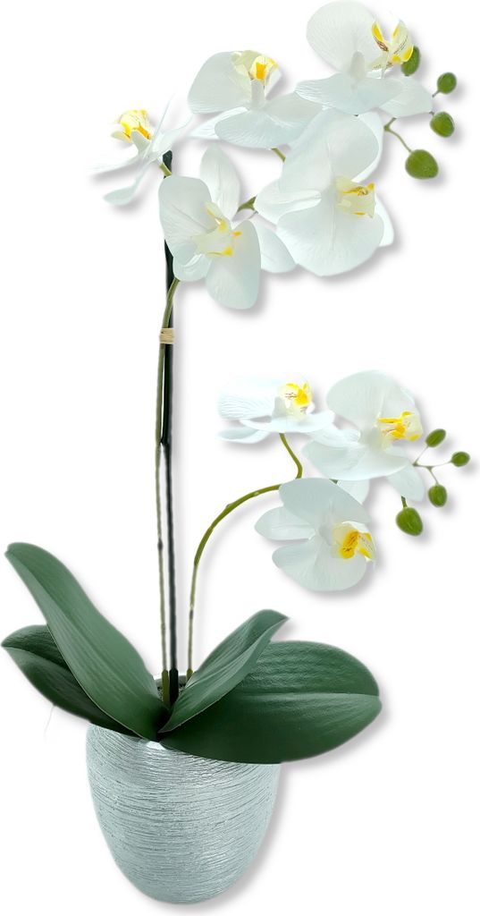 Kunst-Pflanze Orchidee weiße Blüten 47cm Keramik Topf silber künstliche Phalaenopsis Kunstblume