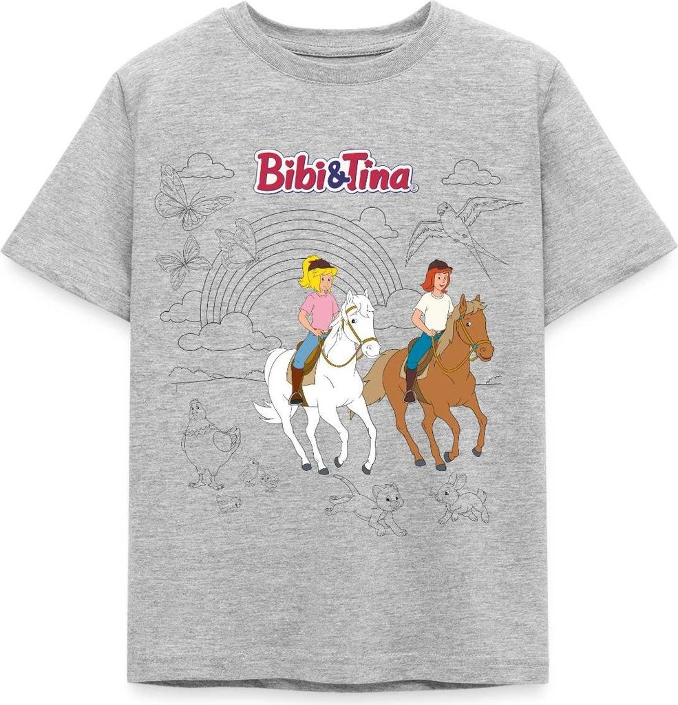 Spreadshirt Bibi & Tina Ausmalmotiv Mit Pferden Kinder T-Shirt, 98/104 (3-4 Jahre), Grau meliert