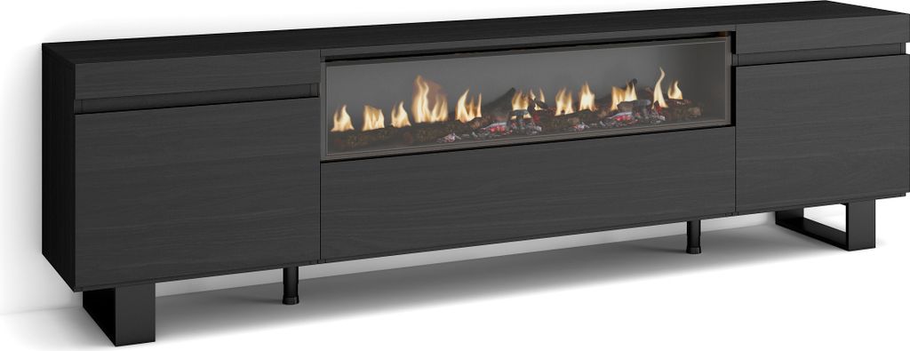 A modern black media console with an integrated electric fireplace.