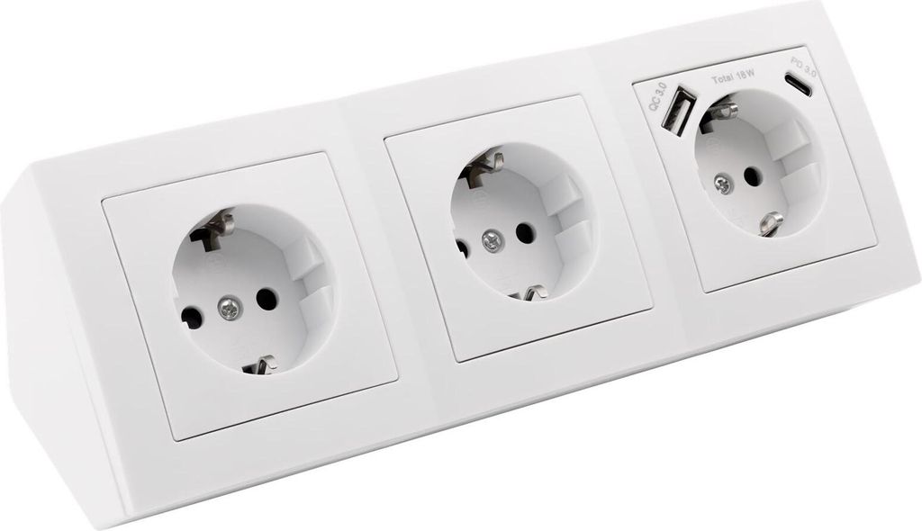 A white, three-socket power strip with integrated USB-A and USB-C ports, shown from a diagonal angle against a white background.