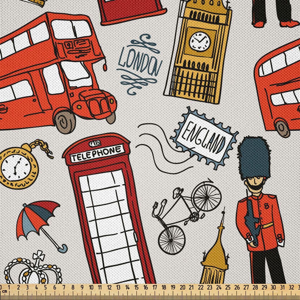 ABAKUHAUS London Satin Stoff als Meterware, Doodle Englisch Icons Crown London Cab Telefonzelle Uhr Big Ben Regenschirm Fahrrad, 2 M (148 x 200 cm)...