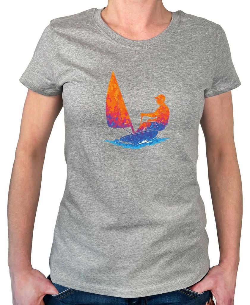 Huuraa Damen T-Shirt Segeln bunte Silhouette S Sport Grey Bio Baumwolle Fairtrade Damenshirt Geschenkidee