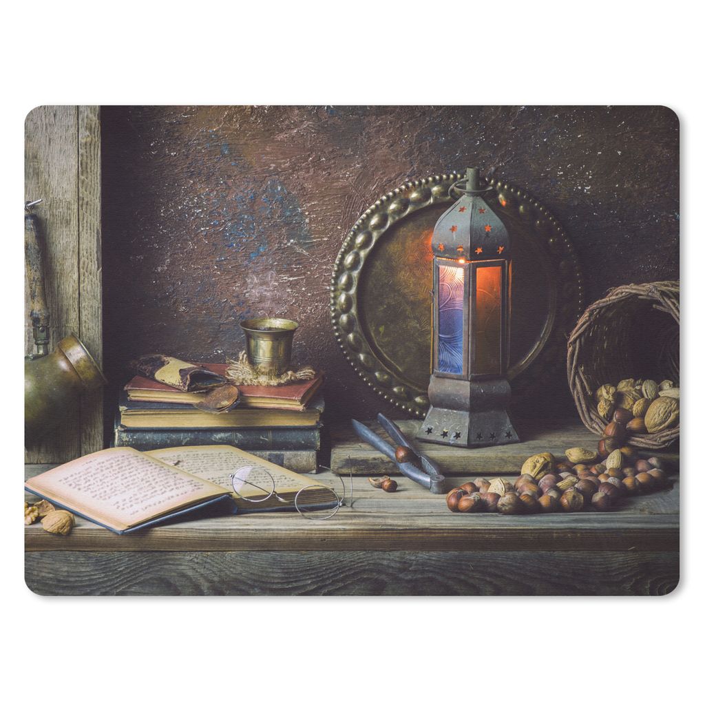 MuchoWow Mauspad Mousepad Buch - Stilleben - Walnuss - Laterne - Vintage 40x30 cm - Mousepads - Maus Mat - Pad - Mausunterlage - Anti Rutsch