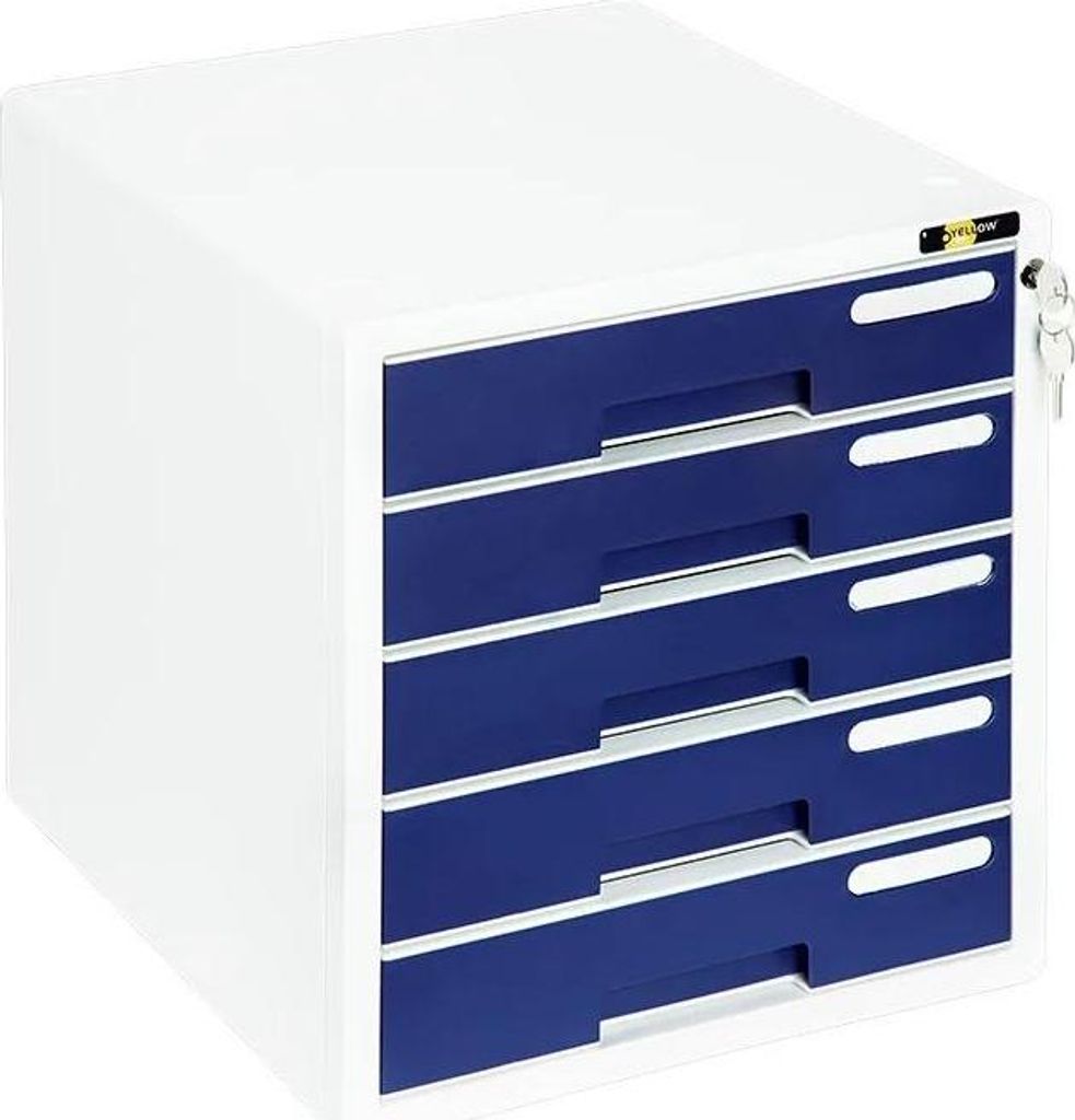 Schubladenbox A4 abschließbar mit Schloss, aus Kunststoff, 5 Fächer, Farbe: weiss/blau