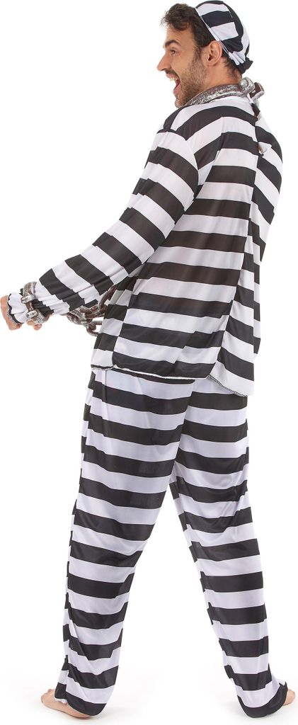 A man wearing a prisoner costume is posing for a photo.