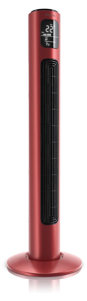 A tall, slender red tower fan with a black grille and a digital display on top, standing on a round base.