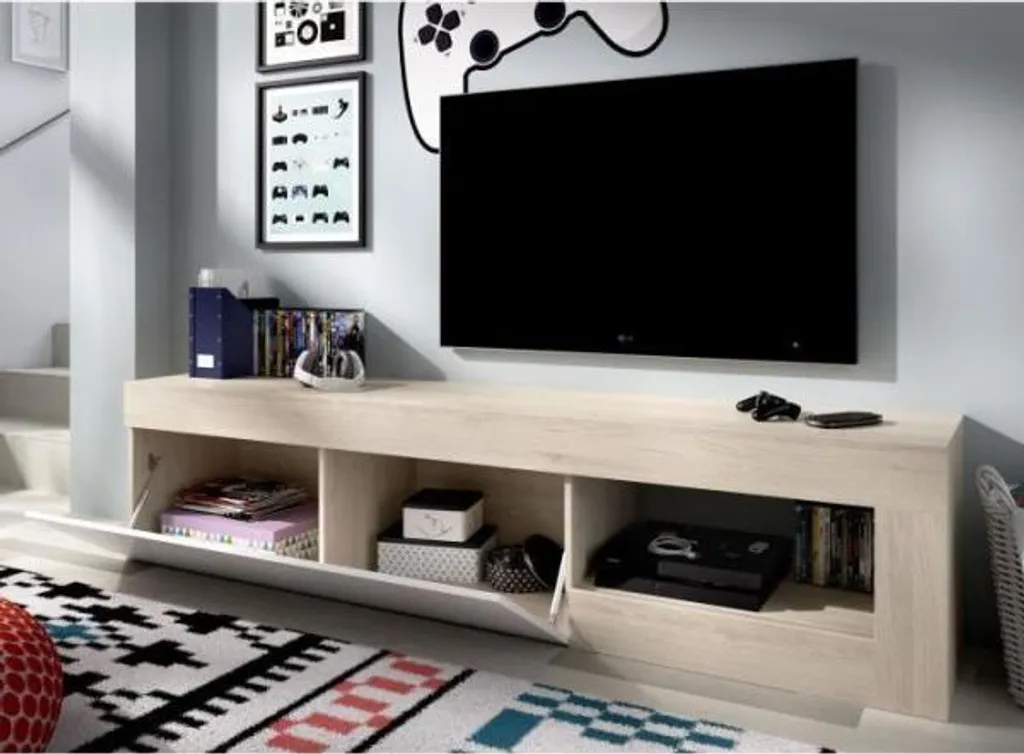 Meuble TV bas LEBO Chêne et Blanc brillant 204 cm - Style scandinave - 9