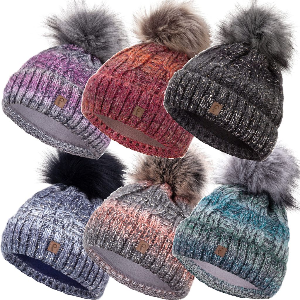 Faera Wintermütze warm gefüttert mit Kunstfell Bommel-Mütze Fleece-Futter Winter Strick-Mütze Beanie-Mütze Damen Herren One-Size, Farbe:Lila