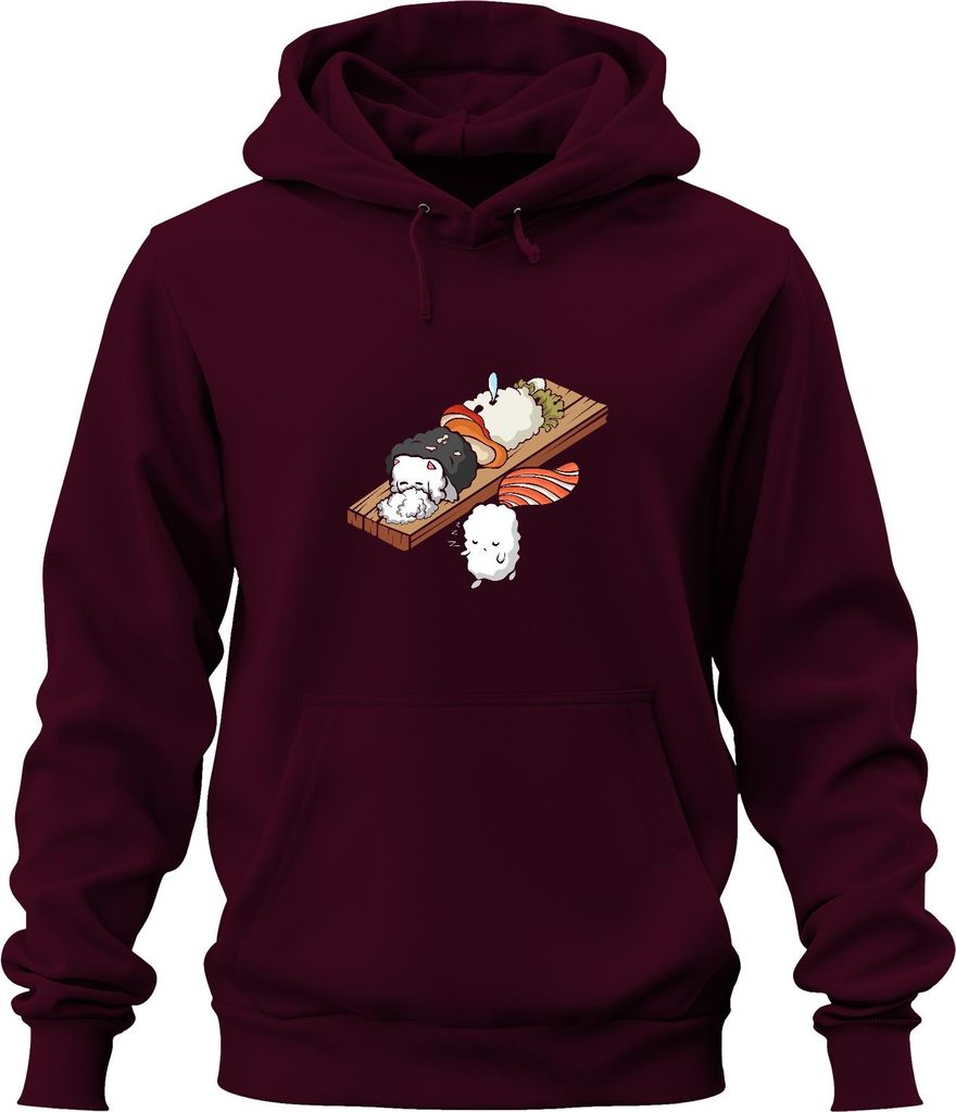 Kawaii Sushi Niedlich Onigiri Nigiri Katze Cartoon Japan Anime Uni Hoodie Kapuzenpullover, Burgundy, XXL