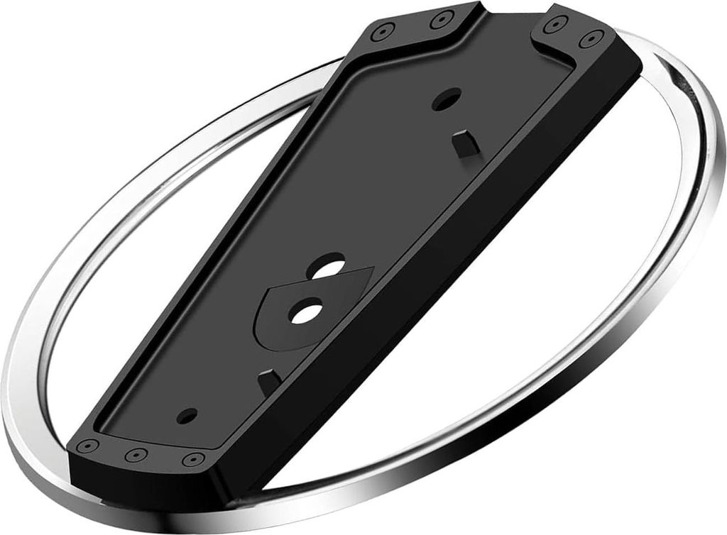 A black vertical stand for a PlayStation 5 console, with a silver ring around it, on a white background.
