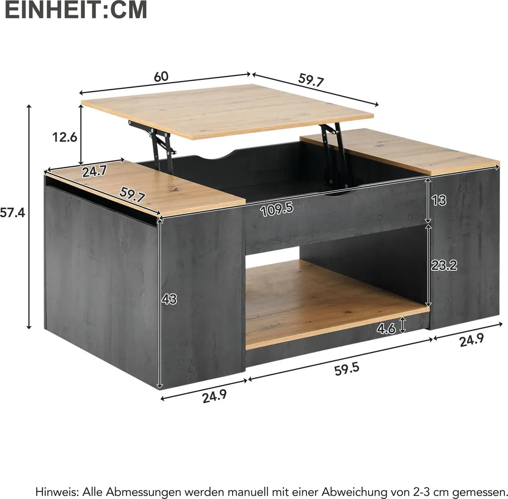 Table basse relevable 110 cm gris et bois marron avec coffre MDF - 5