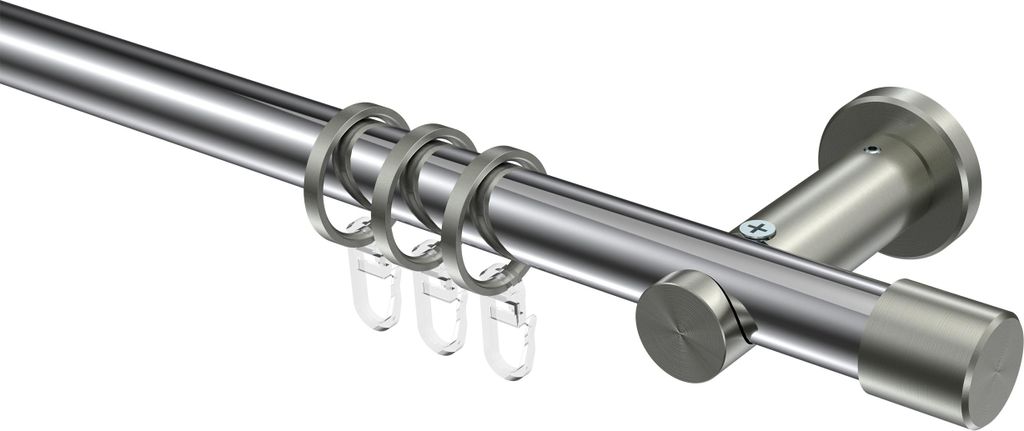 Interdeco Gardinenstange / Vorhangstange Chrom / Edelstahl-Optik, Typ Platon Santo (Kappe), 20 mm Ø 1-läufig, 280 cm
