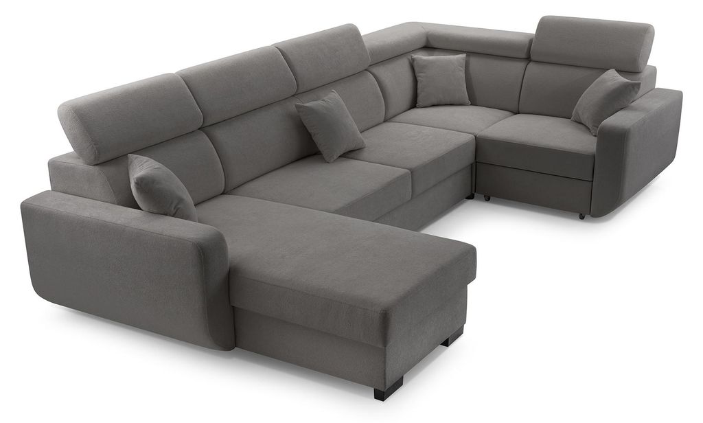 Masseno Ecksofa CASTELLO mit Schlaffunktion U-Form, Sofa mit Bettkasten, Wohnzimmersofa, Couch, Soffa, Bettsofa, Couchgarnitur- Grau, VELO 635