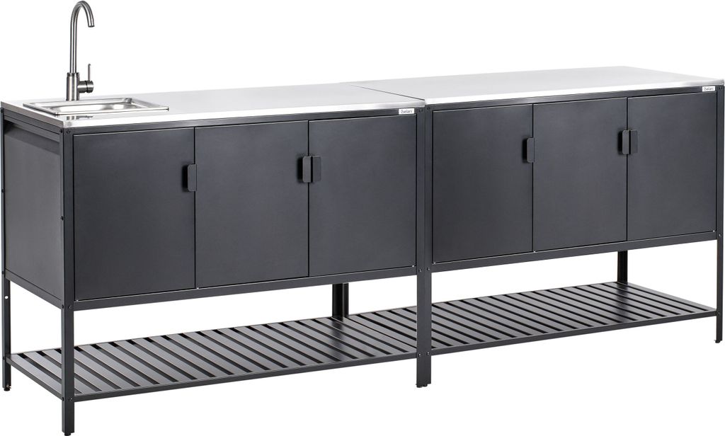 BELIANI Outdoor-Küche 2er Set Schwarz Stahl mit Spüle Edelstahlplatte Modern Gartenküche Outdoor-Küchenmöbel Kücheninsel für Garten Draußen