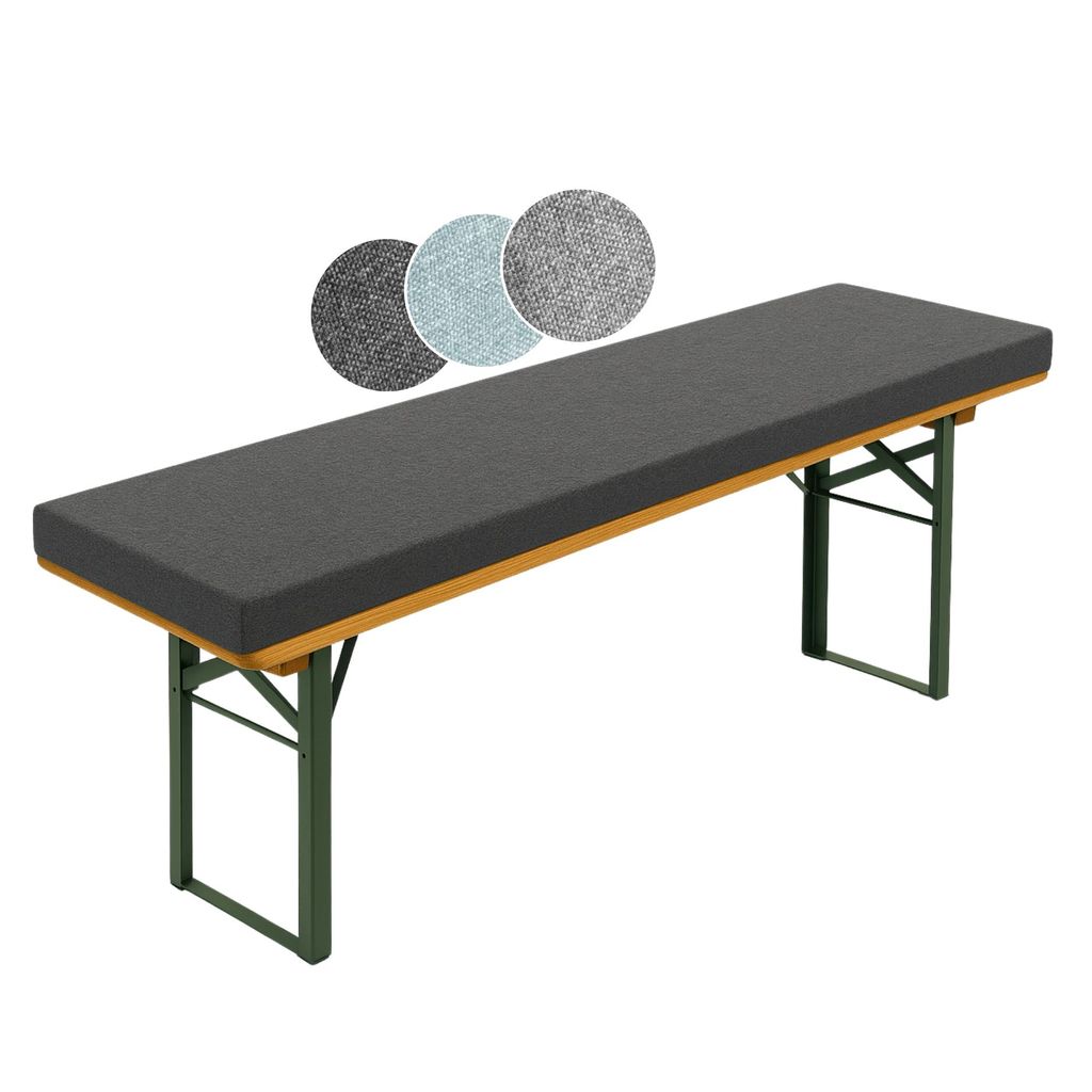 A dark gray bench cushion is shown on a wooden bench. Three circular swatches of different fabric colors (dark gray, light blue, and light gray) are displayed above the cushion.