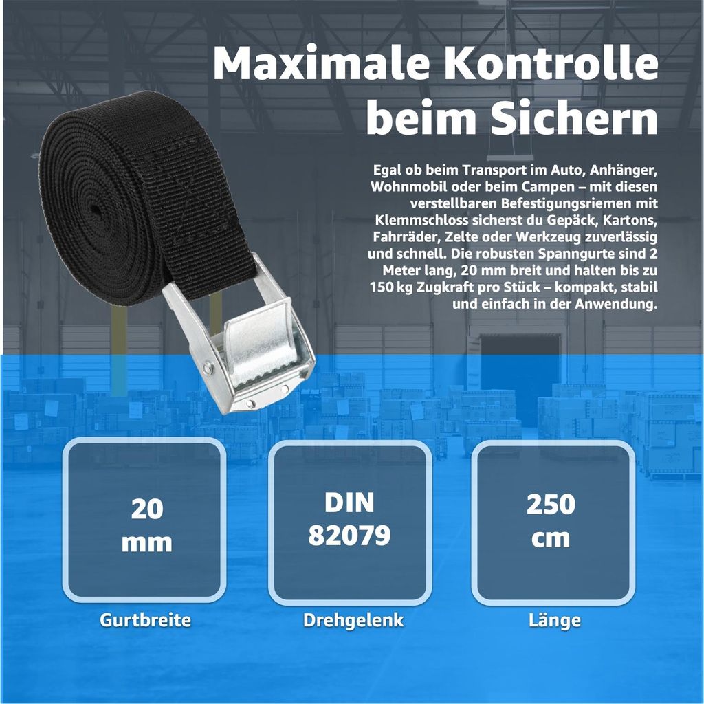 10x Spanngurte 2,5 Meter – Mit Klemmschloss, 250 DaN Belastung, Schwarz (25 Mm Breite)