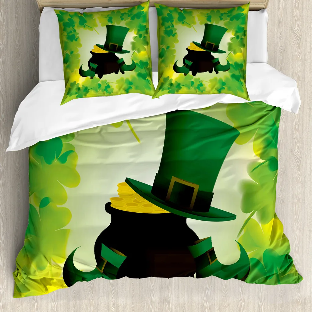 ABAKUHAUS Copripiumino St. Patrick's Day, pentola piena d'oro, antiacaro, adatto a chi soffre di allergie, con federe, 155 cm x 220 cm - 80 x 80 cm, verde bosco