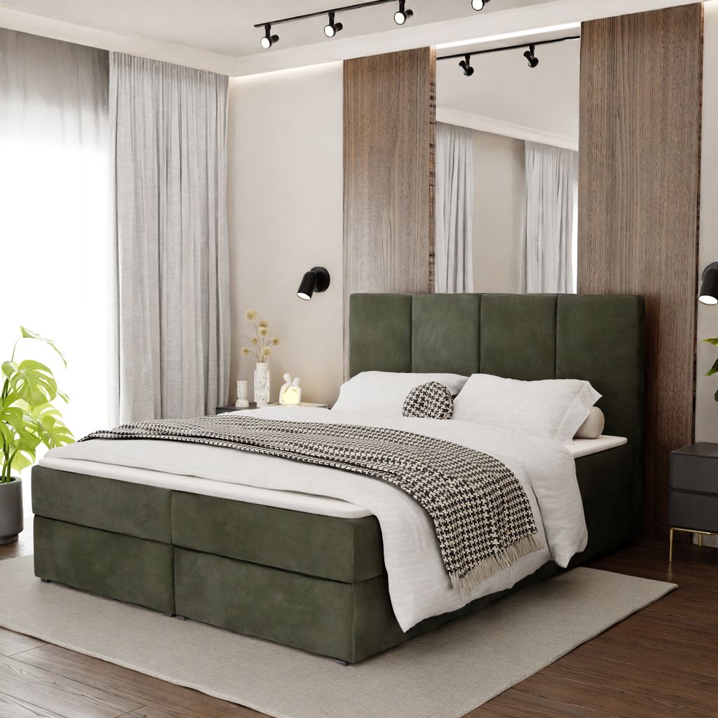 Muralo KONTINENTALBETT für Schlafzimmer Polsterbett mit zwei Bettkasten Bett mit Polsterkopfteil Doppelbett 180x200 Bett mit Stauraum Khaki