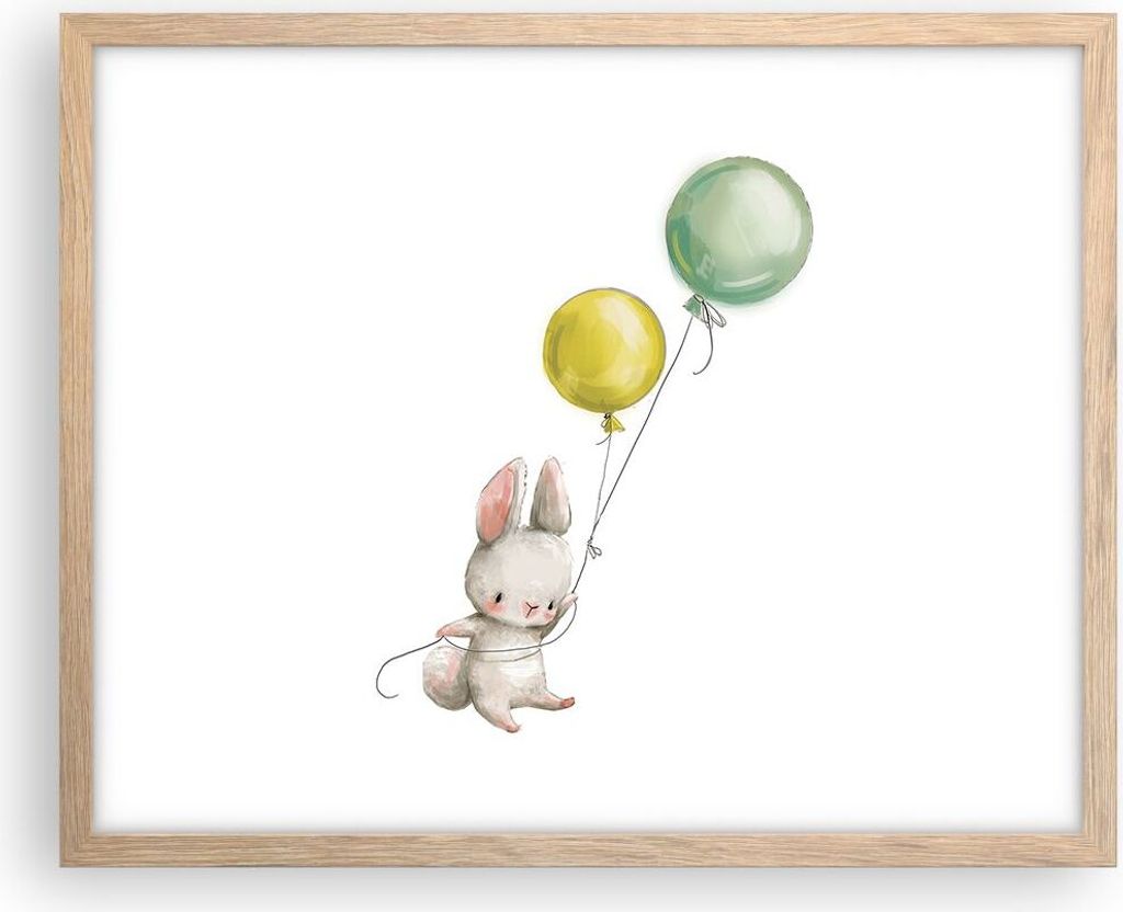 Gerahmtes Poster - Rahmen in heller Eiche - Häschen Luftballons Kinder - 50x40 cm - Wand Bild - Wanddeko - Wandbilder - Kunstposter - Wandposter -...