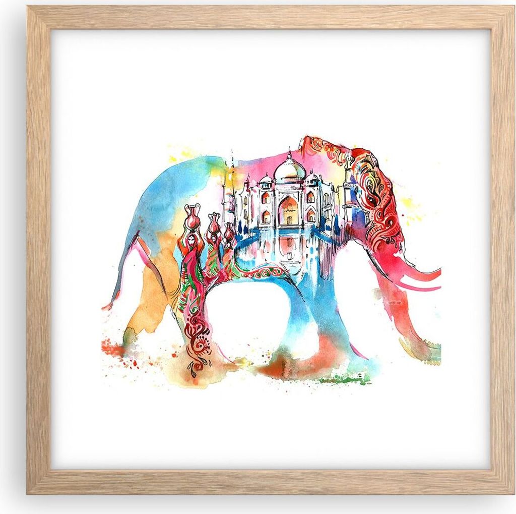 Gerahmtes Poster - Rahmen in heller Eiche - Elefant Indien ethnisch Kultur - 30x30 cm - Wand Bild - Wanddeko - Wandbilder - Wandposter - Bilderrahm...