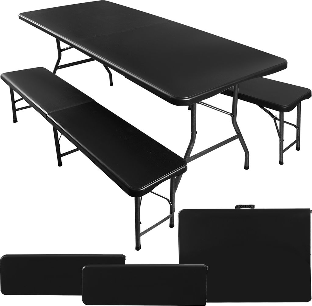 A black folding table and two benches are displayed against a white background. Below the table and benches, two folded benches and one folded table are shown.