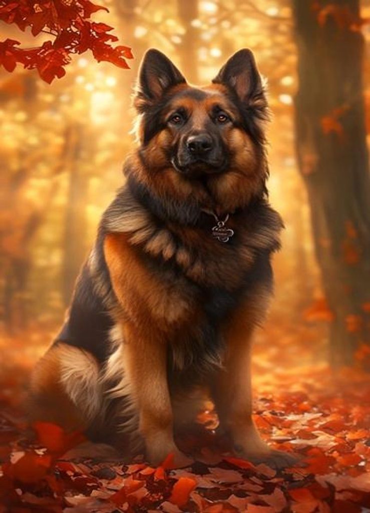 Malen nach Zahlen: Schäferhund im Herbst im Wald, 40 x 50 cm auf einem Rahmen