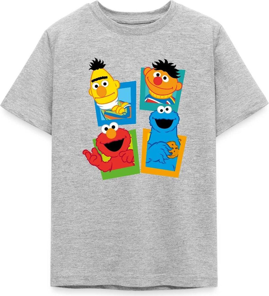 Spreadshirt Sesamstraße Kacheln Ernie und Bert Teenager T-Shirt, 134/146 (9-11 Jahre), Grau meliert