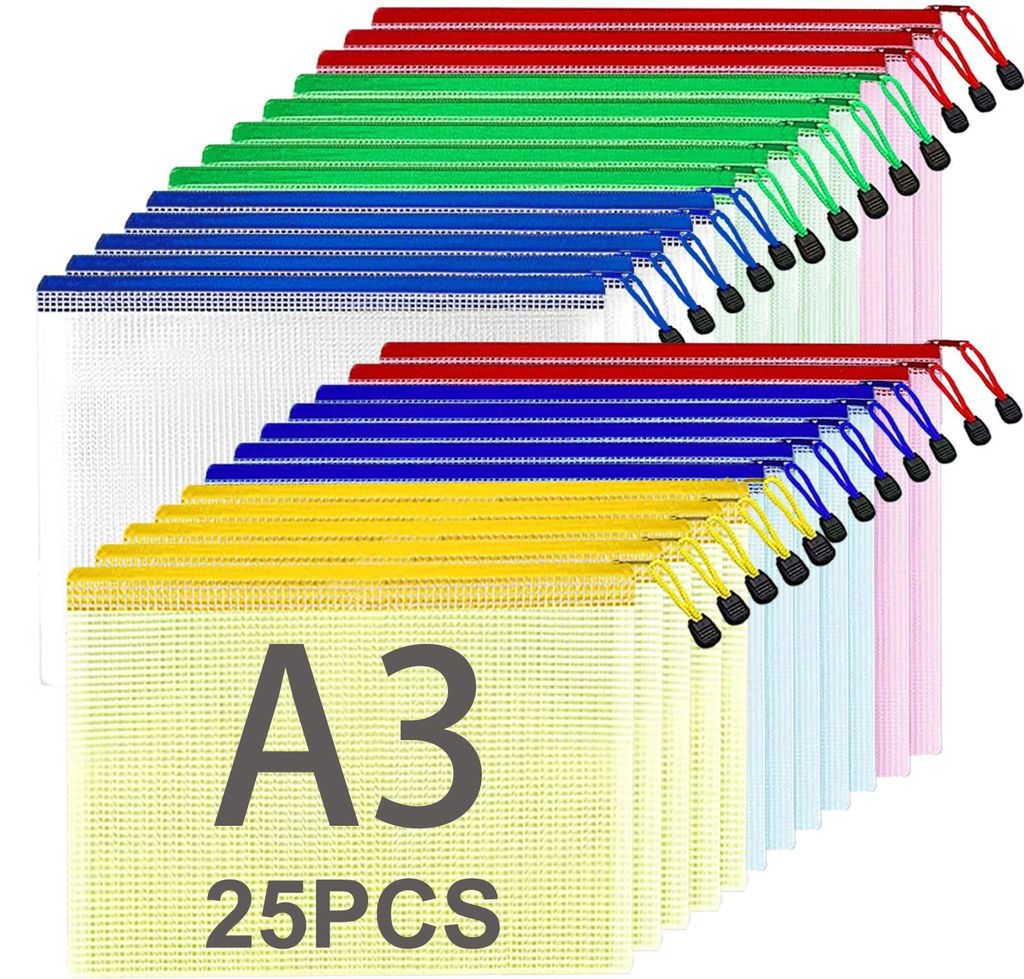 25-teiliges A3-Dokumentenset mit Reißverschluss, 5 Farben, A3-Netzbeutel aus Kunststoff mit Reißverschluss, Reißverschlussfächer für Ordner, D...