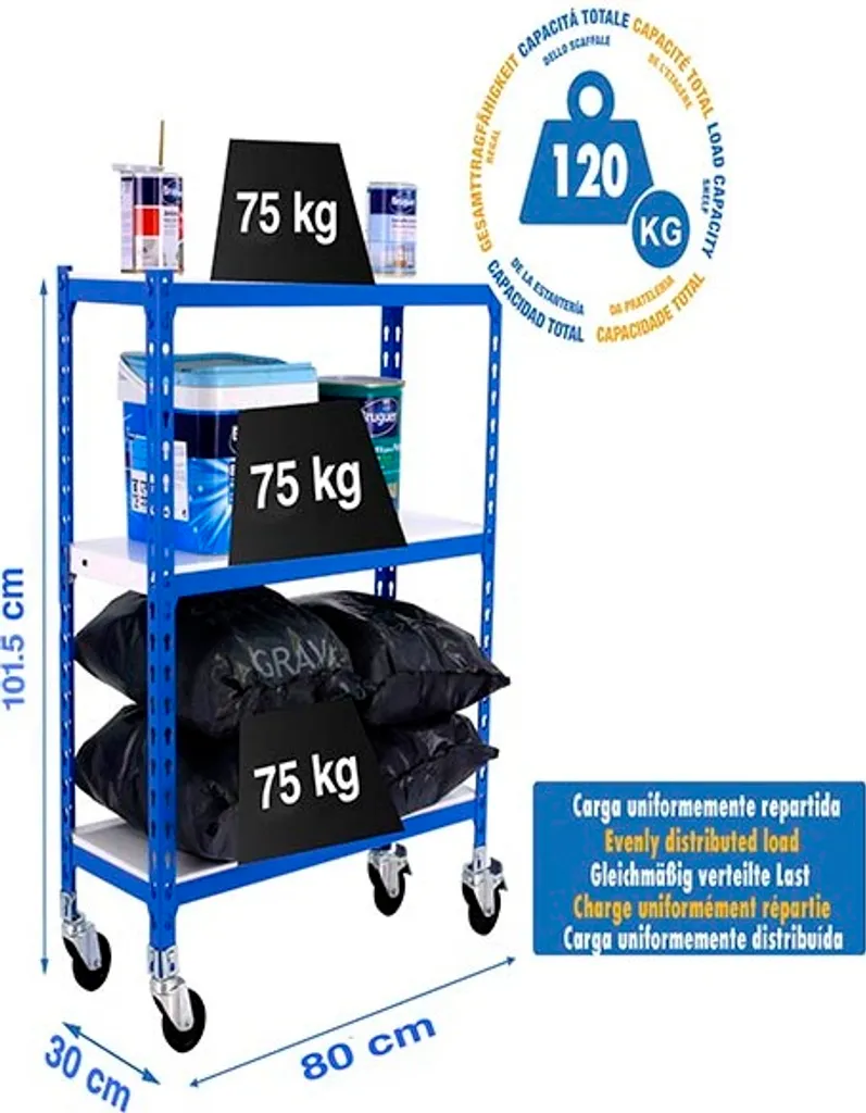 Rayonnage Métallique Mobile 3 Plateaux SIMONCLICK MINI 900 mm Bleu